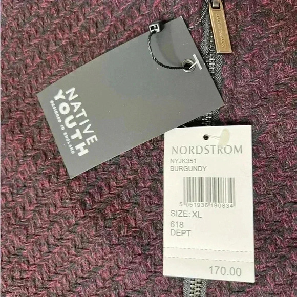 Native Youth Wool Tweed Bomber Jacket Coat Mens XL Nordstrom Burgundy NEW - Picture 3 of 4